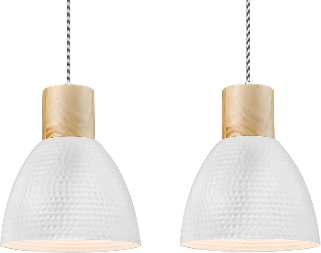 ELYONA 2 Pack Hammered Pendant Light Fixtures, 10.2 Metal & Rubber Wood Island Hanging Lamp, Adjustable Height, Modern Pendant Lighting for Kitchen,Farmhouse Bar,Dining Room,Bedroom, Nordic White (Medium)