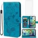 Case for iPhone 14 Pro Max Wallet Case with Tempered Glass Screen Protector, Flower Leather Flip Credit Card Holder Stand Phone Cover Cases for iPhone 14 Pro Max Blue