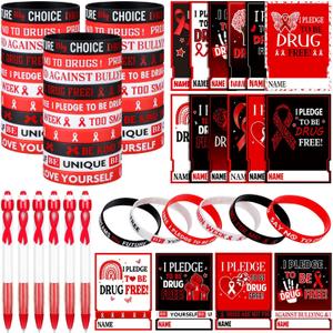 Ctosree 126 Pcs 60 Sets Red Ribbon Week Supplies Bulk Include Red Ribbon Week Bracelets with Pledge Cards and Pen Drug Free Awareness for Anti Bullying Campaigns Teacher Office Public Charity Activity