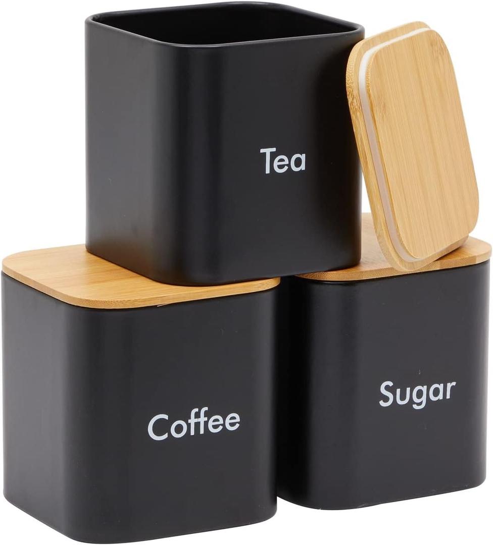 Juvale Coffee Tea Sugar Container Set - Black Iron Kitchen Canister Set with Bamboo Lids (3 Pieces, 48 oz)