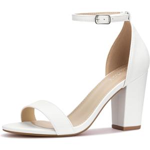 PARTY Women's Chunky Block Heels Open Toe Ankle Strap 3 Inch Heeled Sandals Comfortable for Wedding and Prom (5.5, White Pu)