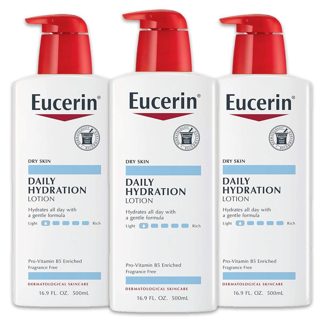 Eucerin Daily Hydration Body Lotion, Unscented Body Lotion for Sensitive Dry Skin, Holiday Gifts for Self Care, 16.9 Fl Oz Pump Bottles, Pack of 3