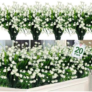 TURNMEON 20 Bundles Artificial Flowers for Outdoors,Summer Spring Grass Camellia Fake Flowers Plastic Plants,UV Resistant No Fade Faux Greenery for Gardens Porch Planter Cemetery Decor 500 Head(White)