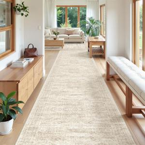 3x18 Washable Runner Rug for Hallway, Non-Slip Long Hallway Runner for Entryway, Soft Vintage Kitchen Mats for Floor, Abstract Dining Room, Bedroom, Living Room Rugs(3'x18', Beige/Ivory)