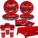 Tbsone Class of 2026 Graduation Plates and Napkins Set Red and Black Disposable Tableware for 25 Guests, Includes Plates, Napkins, Cups, Forks and Tablecloth Party Decorations Supplies (126 PCS)
