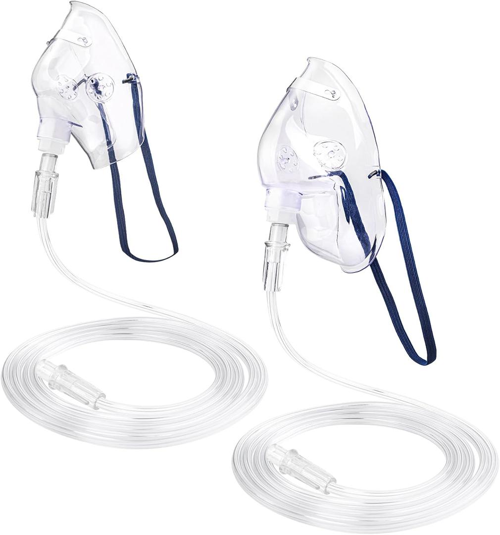 2 Pack Oxygen Mask for Face with 6.6 Ft Tubing and Adjustable Elastic Strap - Adult - Clear Size M L (No Cup)