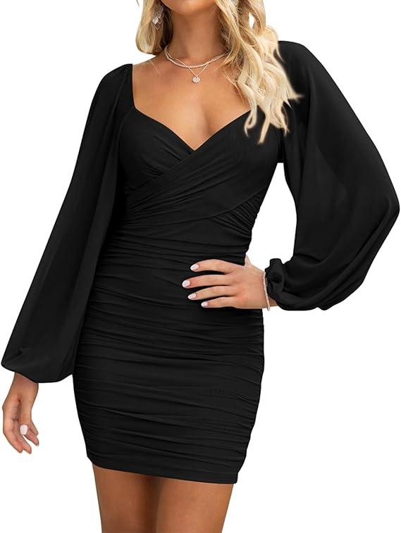 BTFBM 2025 Womens Summer Spring Bodycon Dress Cross V Neck Ruched Mesh Long Sleeve Party Short Formal Cocktail Dresses M