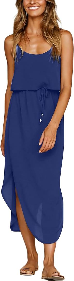 Women's Adjustable Strappy Split Summer Beach Casual Midi Dress (Medium)