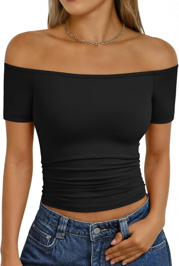 Trendy Queen Summer Off The Shoulder Tops for Women Going Out Short Sleeve Shirts Cute Y2K Sexy Basic Clothes 2026 Fashion (L)