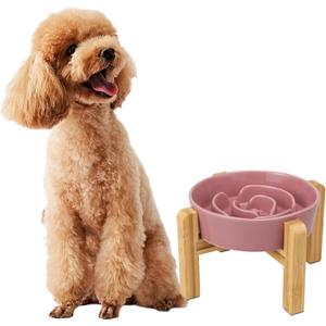 Elevated Slow Feeder Dog Bowl - Ceramic Maze Food Dish with Bamboo Stand - Raised Feeding Bowl for Fast Eaters - Ideal for Small and Medium Dogs - Pink - 6.7 inch (1.25 CUP)