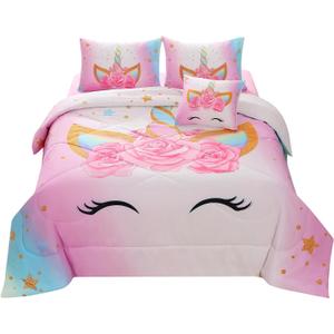 JQinHome Unicorn Twin Bedding Sets for Girls Kids,6 Piece Bed in A Bag 3D Colorful Flower Girl Unicorn Comforter Set with Sheet Set