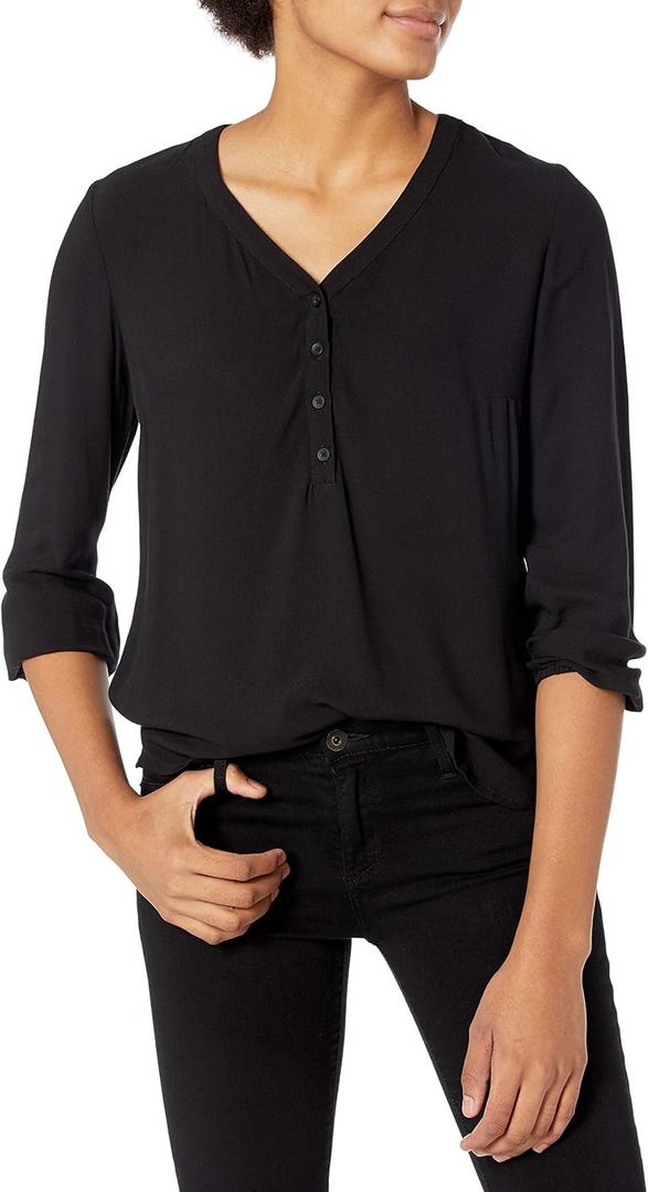 Amazon Essentials womens 3/4 Sleeve Button Popover Shirt, Loose-Fit V-Neck Blouse (X-Large, Black)