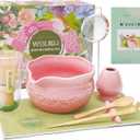 Pink Matcha Set, 8 Pcs Complete Ceramic Matcha Making Kit with Bowl, Bamboo Whisk & Holder, Stainless Sifter, Tea Towel, Scoop & Scoop Rest