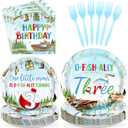 96Pcs Fishing 3rd Birthday Party Decorations Gone Fishing Three Paper Plates and Napkins Ofishally Three Disposable Tableware Set for Fisherman Baby Shower 3rd Birthday Party Supplies, Serves 24
