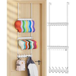3 Tier Over Door Hat Rack - Baseball Cap Wall Mounted Hat Organizer, Hat Holder with 18 Hooks and 10 Movable Clips, Hat Storage Holds up to 30 Caps for Door, Bedroom, Closet (Silver) 