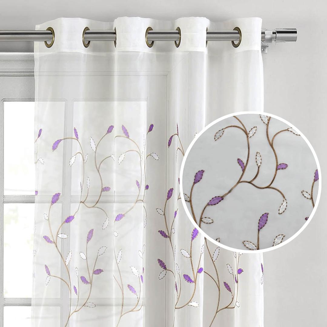 Creative Home Ideas 63 Inch Embroidered Floral, Extra Wide 54&quot;x63&quot; Decorative Leaf Grommet Purple Living Room Curtains (54&quot;W x 63&quot;L (Pack of 1), Lilac)