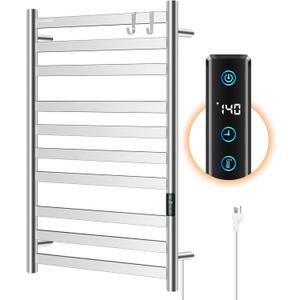 Heated Towel Rack for Bathroom, Towel Warmer with 10 Bar Flat Rack Large, Electric Hot Towel Rack Wall Mounted, LED Buit-in Timer, Plug-in, Stainless Steel, Fast Heating, Brushed Nickel