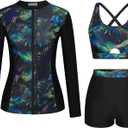 Kate Kasin Women's 3 Piece Rash Guard UV Sun Protection Long Sleeve Swimsuits Built-in Bra Zip Up Swim Shirts with Boyshorts, XL