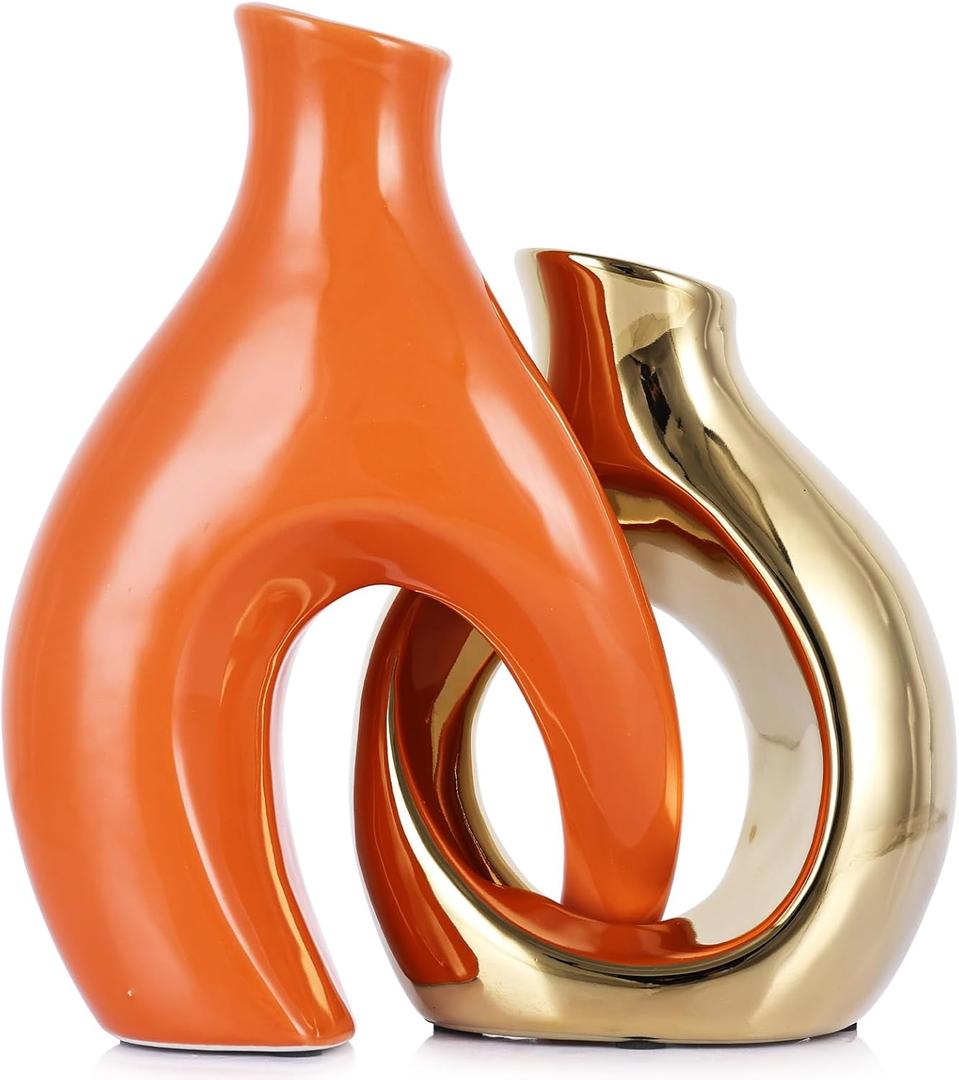 Orange and Gold Ceramic Hollow Vases Set of 2 - Mid Century Modern Donut Decorative Flower Vase, Boho Gold Vase for Pampas Grass and Wedding Dining Table Decor Centerpieces