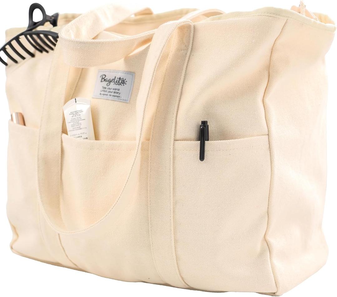 Extra Large Canvas Tote for Women Men, Utility Work Bag with Zipper (Beige)