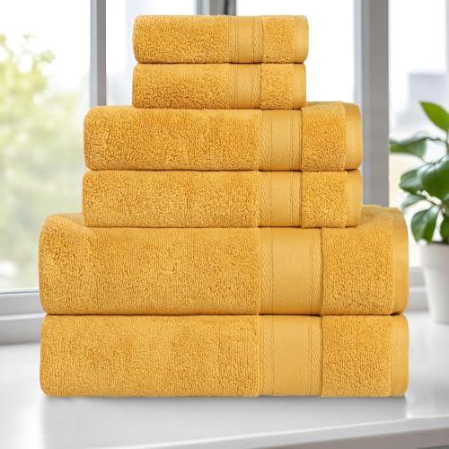 Superior Belmont Zero Twist Cotton Medium Weight Towels, for Guest Bath, Bathroom, Shower, Spa, Plush, Quick Dry, Ultra-Soft Towels, Bath Essentials, Thick Border, 6 Piece Assorted Towel Set, Gold
