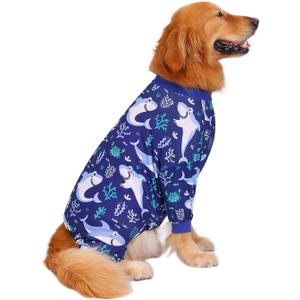 HDE Dog Pajamas One Piece Jammies Jumpsuit Pet Clothes Outfit Stretchy Lightweight Comfy Shirt Pjs for M-3XL Dogs Sharks - L