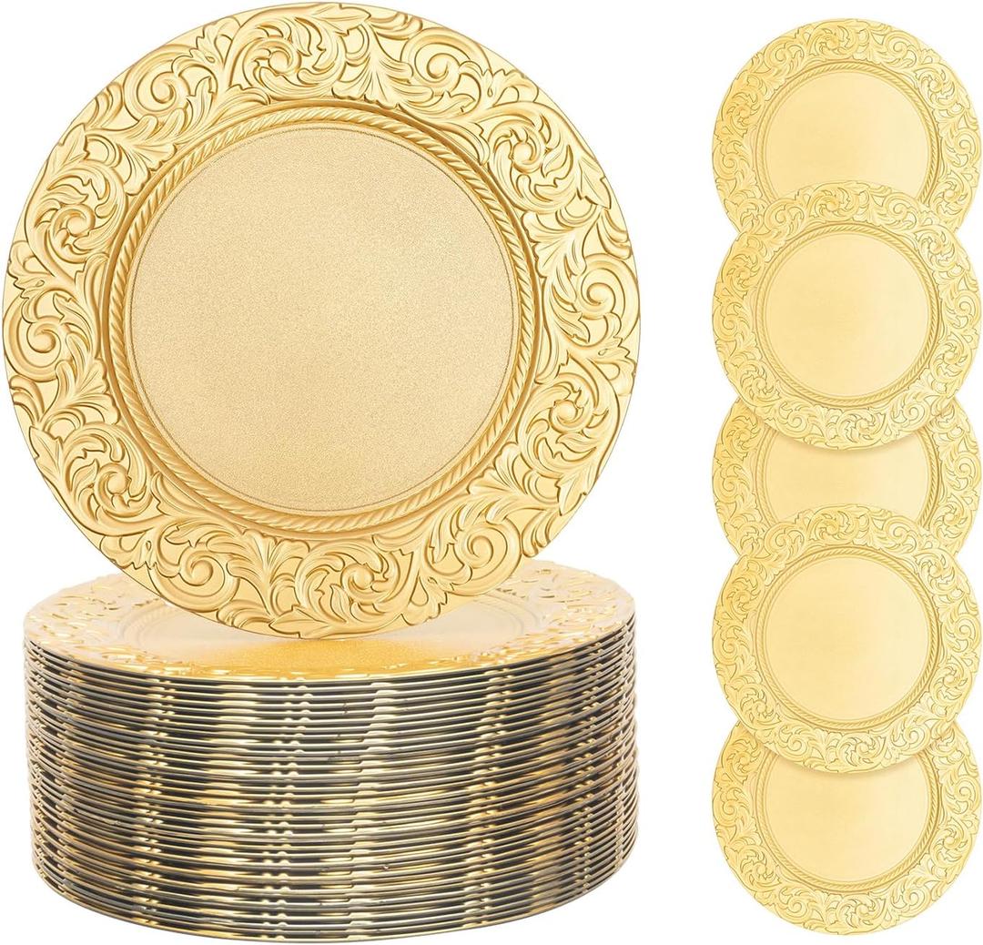 100 Pcs Gold Charger Plates, 13 Inch Antique Charger Plate Set Plastic Embossed Dinner Plate Reusable Plates for Table Setting Wedding Party (Gold)