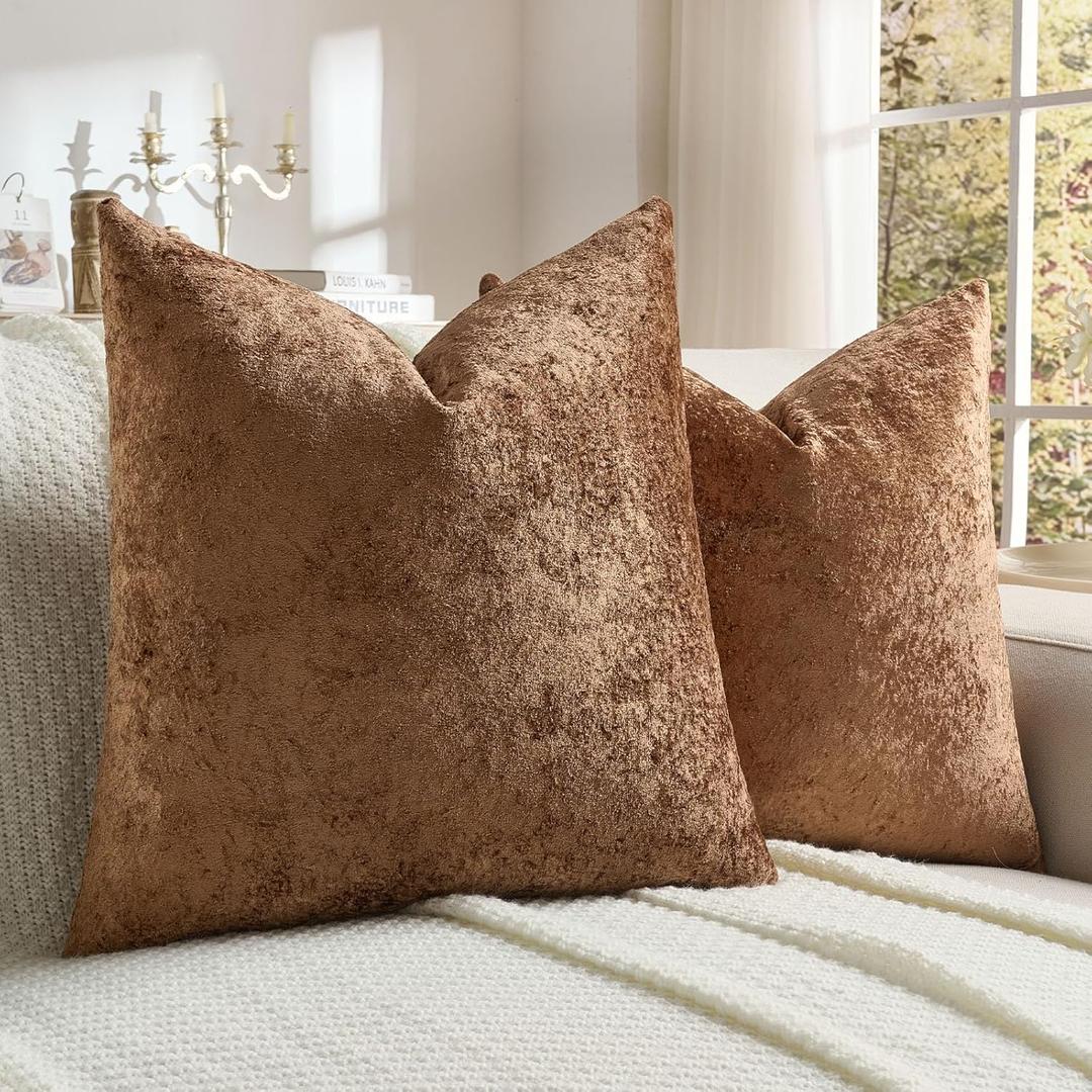 FUTEI Pack of 2 Solid Flannel Throw Pillow Covers 18x18 Inch Soft Crushed Textured Neutral Decorative Cushion Cases Vintage Farmhouse Accent for Couch Living Room, Dark Brown