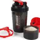 Shaker Bottle,16oz Protein Shaker Bottles with Mixing Ball, 3 in 1 Leak-proof GYM Shake Cup with Powder Storage & Pill Tray, Ideal for Workout,BPA FreeRed