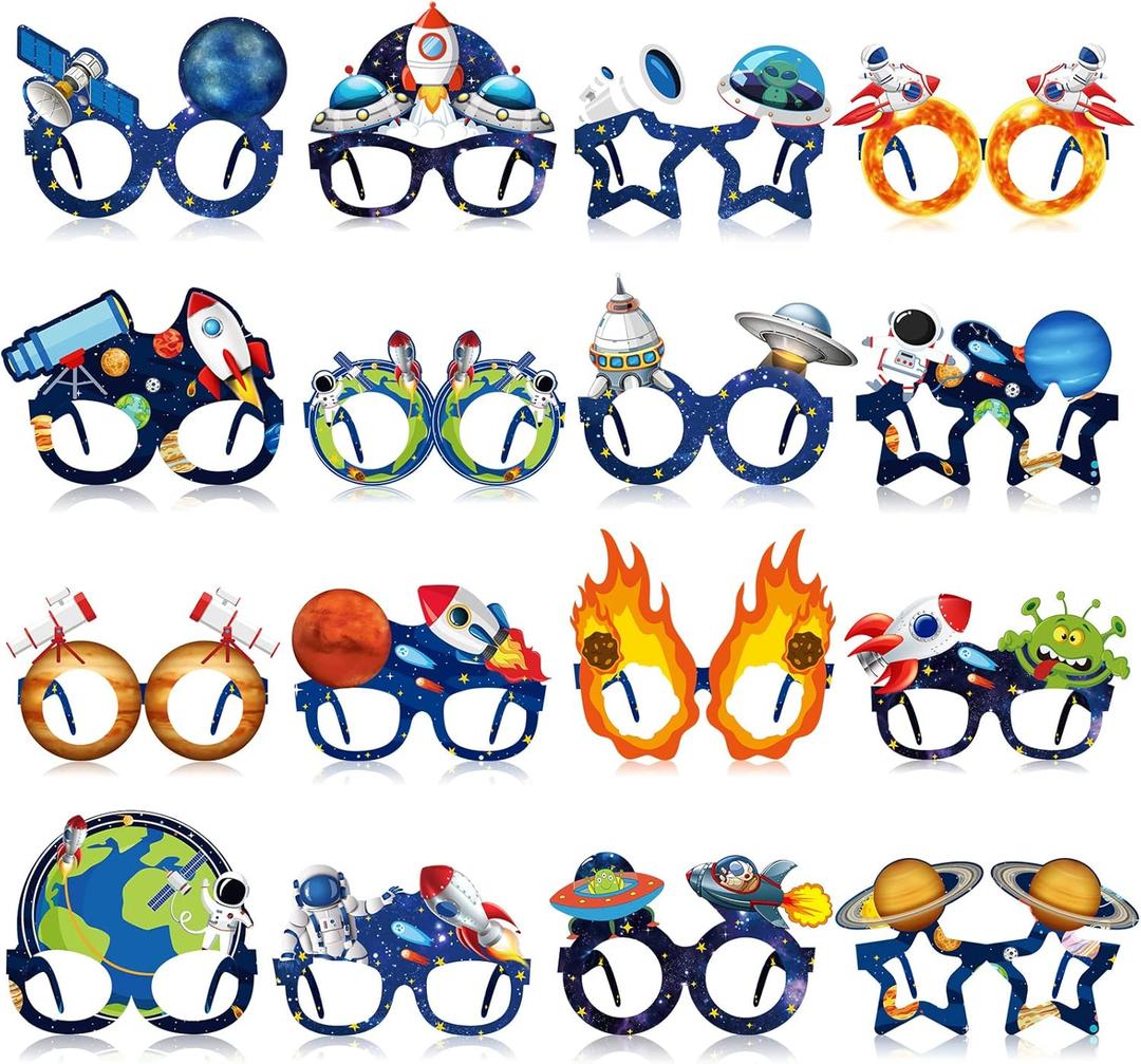 Ireer 32 Pcs Space Party Favors Space Party Paper Eyeglasses Astronaut Solar Paper Glasses Supplies Birthday Photo Booth Props Planet Birthday Supplies Decorations