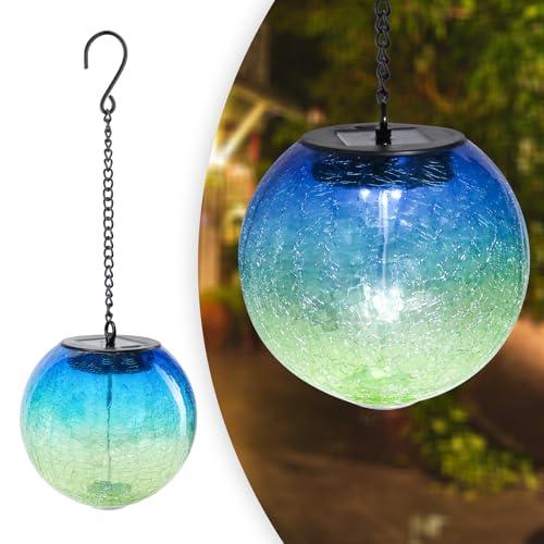 Hanging Solar Lights Outdoor Solar Lanterns Outdoor Decorative Cracked Glass Ball Lights Solar Powered Waterproof LED Globe Lantern for Outdoor Porch Patio Garden Decor Gift Blue&Green