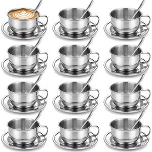 12 Pack Stainless Steel Coffee Cup Set, 6.8 oz Coffee Cups Mugs with Saucer and Spoon Double Wall Espresso Silver Cup with Handle for Cappuccino, Tea, Milk, Ideal Gift for Espresso Tea Lover