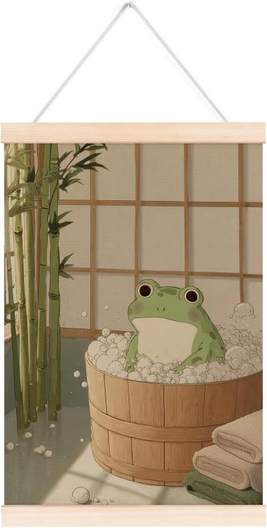 laveliabel Funny Frog Bathroom Poster Hanger Frame, Frog in Bathtub Banner Poster with Wood Hanger, Cute Whimsical Animal Botanical Aesthetic Wall Art Decor for Toilet Washroom Restroom, 12x16in