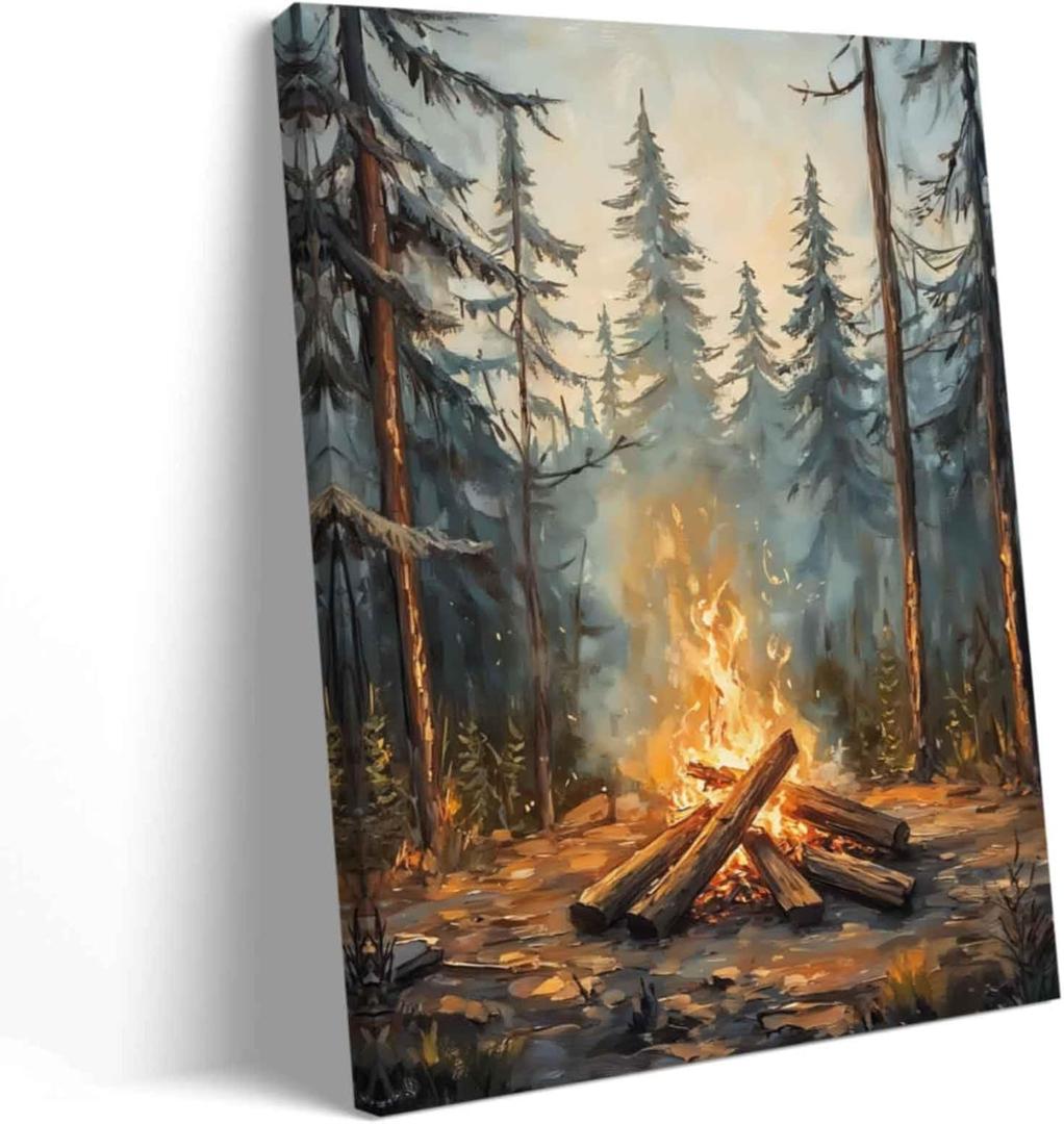 XLMDYYSW Forest Bonfire Wall Art Woodland Campfire Pictures Vintage Camping Theme Canvas Print Farmhouse Nature Landscape Paintings Bedroom Home Decor Framed (Brown, 18L x 12W)
