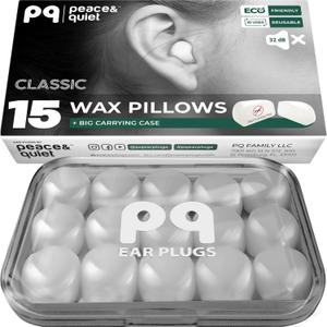 PQ Wax Ear Plugs for Sleeping, Swimming - 15 Soft Noise Cancelling Silicone Gel Wax Earplugs for Sleep and Swimmers, Ear Protection with Sound Blocking Level of 32 Db, (15-Pillows), Color: White