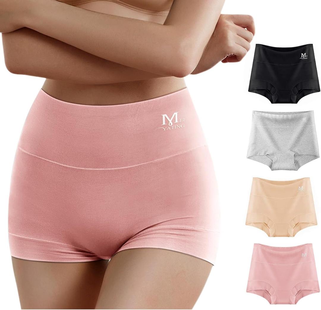 MEIYATING Boy Shorts Underwear for Women High Waisted Cotton Panties Stretch Briefs 4 Pack Plus Size (Small)