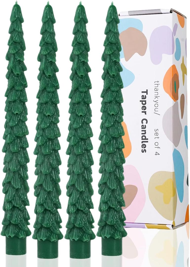 Christmas Tree Taper Candle Candlestick Unscented Candle for Home Decor Thanksgiving Party Dinner Candles Set of 4,10 Inch Green