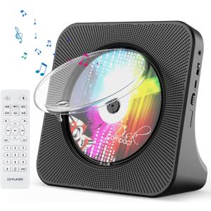 Gueray Portable CD Player, Bluetooth CD Kpop Player for Desktop with HiFi Sound Speaker, FM Radio CD Music Player for Home with Remote Control, Dust Cover, LED Screen, Support AUX/USB, Headphone Jack (Black)
