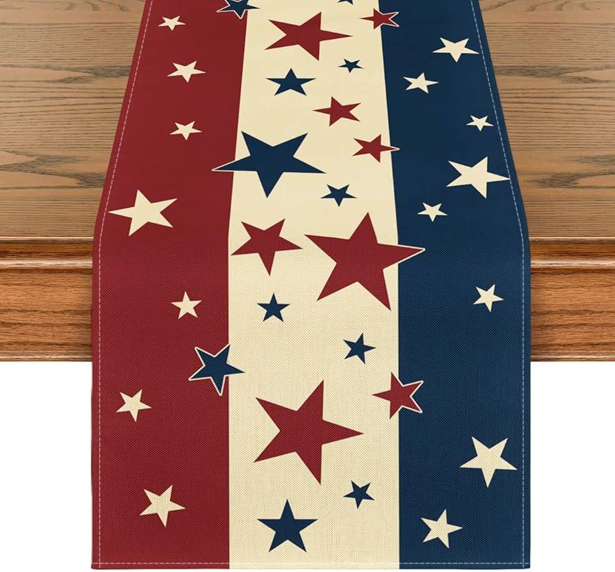 Artoid Mode Stars Stripes 4th of July Patriotic Memorial Day Table Runner, Independence Day Kitchen Dining Table Decoration for Home Party Decor 13x90 Inch