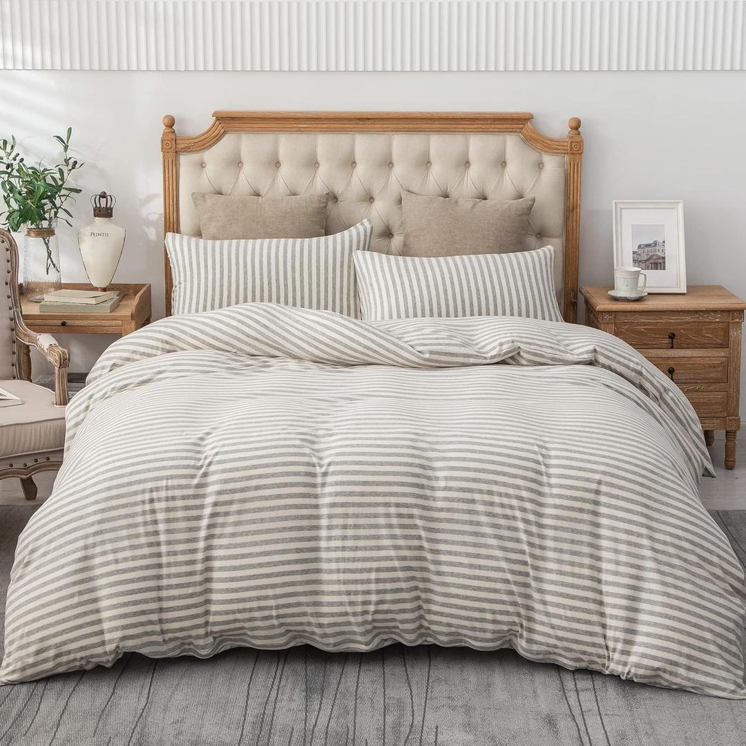 PURE ERA Jersey Knit Duvet Cover Set 100% T-Shirt Heather Cotton Super Soft Comfy Classic Striped Design, with Zipper Closure, Grey & White Stripe, King