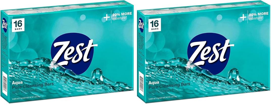 Zest Bar Soap - Enriched with Vitamin E - Moisturizing Body Soap - Gentle Soap - Paraben-Free Soap Bar - Suitable for All Skin Types - Aqua - 16 Pc (Pack of 2)