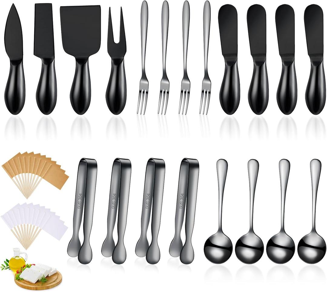 Patelai Charcuterie Board Accessories Cheese Spreader Knife Set Charcuterie Utensils Butter Knife Stainless Steel Mini Serving Tongs Spoons Appetizer Forks for Pastry Christmas(Black,20 Pieces)