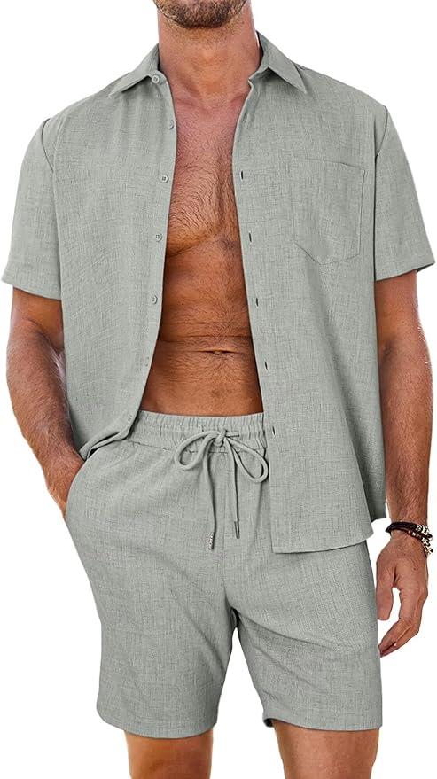 Men's 2 Piece Casual Summer Beach Button Down Shirt Short Sleeve Solid Shirts and Shorts Yoga Outfits Sets (Large), Green