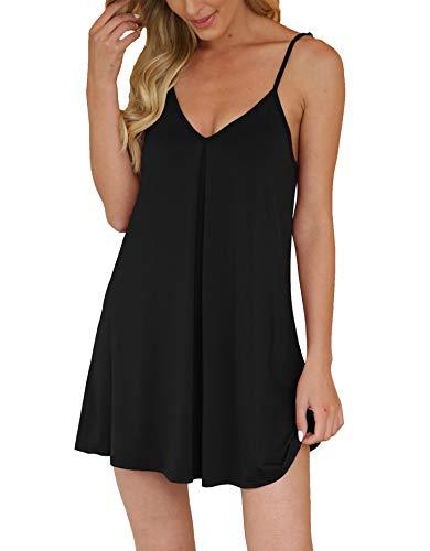 AUHEGN Nightgown for Women Loose Sleepwear V Neck Pajama Dress Soft Nightshirt Sleeveless Nightdress Chemise Black Medium