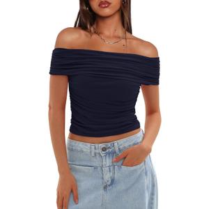 Darong Women Mesh Off The Shoulder Top Short Sleeve Double Lined Ruched Shirts Trendy Going Out Tops Summer Fashion Clothes (Blue, XS)