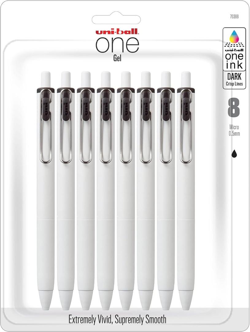 Uniball One Retractable & Refillable Gel Pen, 0.5mm Micro Tip, Black Ink, 8 Pens