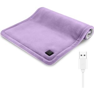 USB Plug-in Heating Pad for Travel Warmth Outdoors, Non-Rechargeable Small Heated Pad 5V Heat Therapy for Pain Relief Abdomen Cramps, 3 Heat Settings & Auto Shut Off (12"x 16") Purple