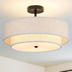 16.5 inch Semi Flush Mount Ceiling Light with Natural Linen Shade, 3-Light UL Listed Fixture with E26 Socket (No Bulb Included) for Bedroom, Kitchen, Living Room, 16.5"l X 16.5"w X 11.8"h