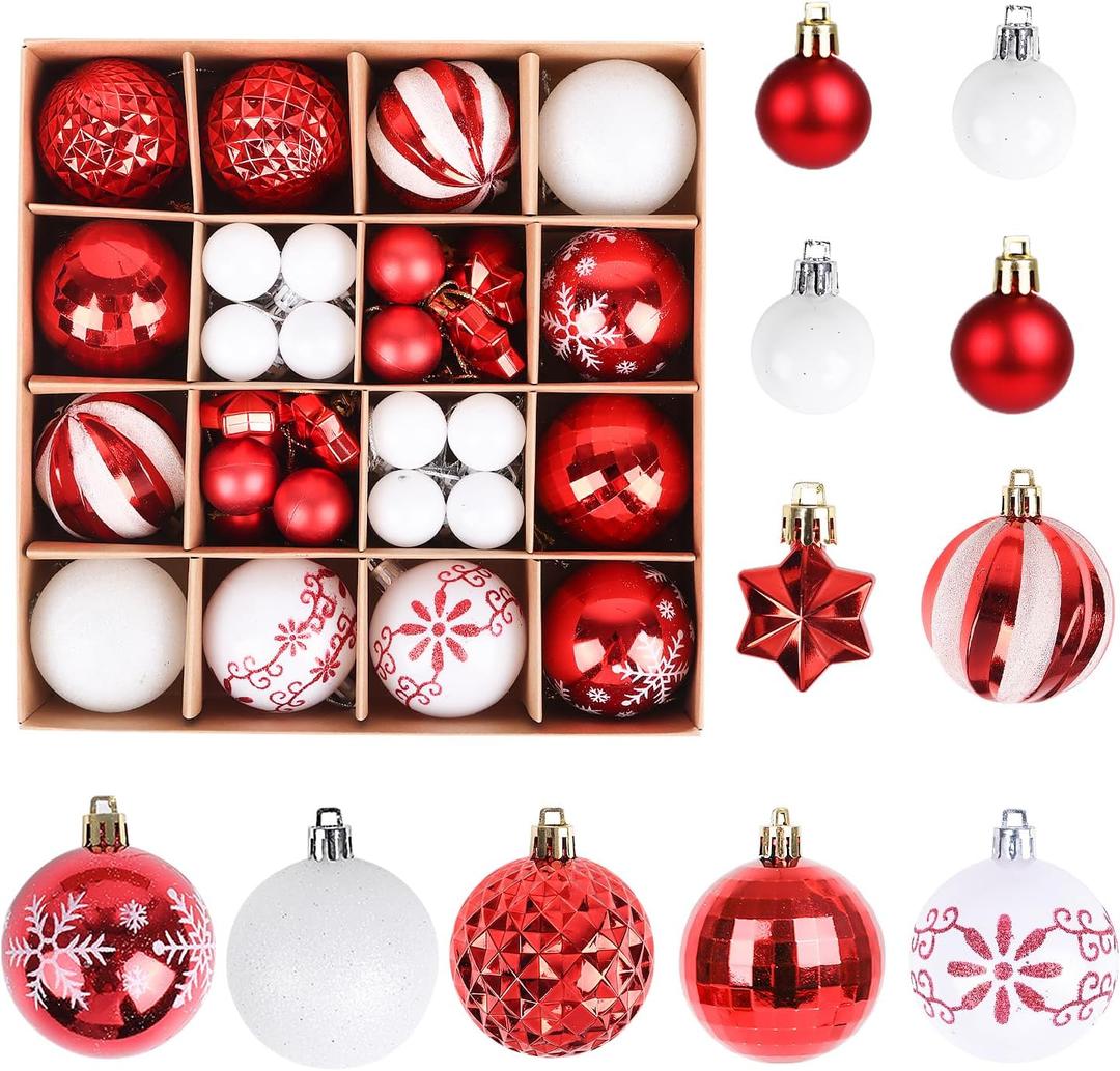 Christmas Balls Ornaments Set, 44 Pcs Xmas Shatterproof Plastic Baubles Hanging Balls for Christmas Tree Holiday Party Wedding Decoration (Red & White)