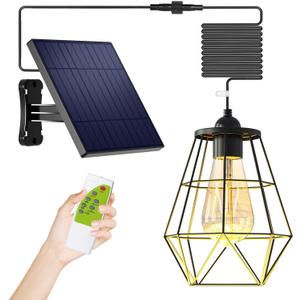 Solar Chandelier Outdoor with 16FT Cord Dusk to Dawn Solar Pendant Light Timer Remote Control Waterproof for Gazebo, Indoor, Yard, Playhouse (Lantern Plus)